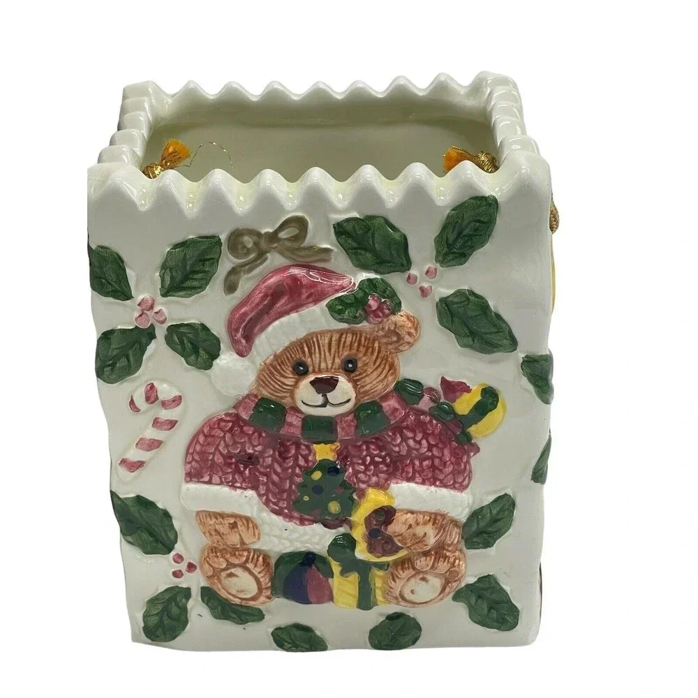 Teddy Bear Dressed As Santa Porcelain Bag Figurine With Box